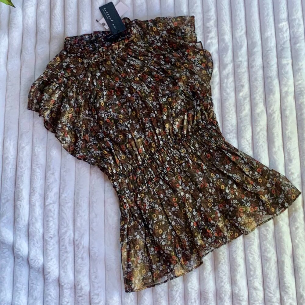 NWT Anthropologie Current Air Smocked Flutter-Sleeveless W's Blouse | Br/Gd | XS